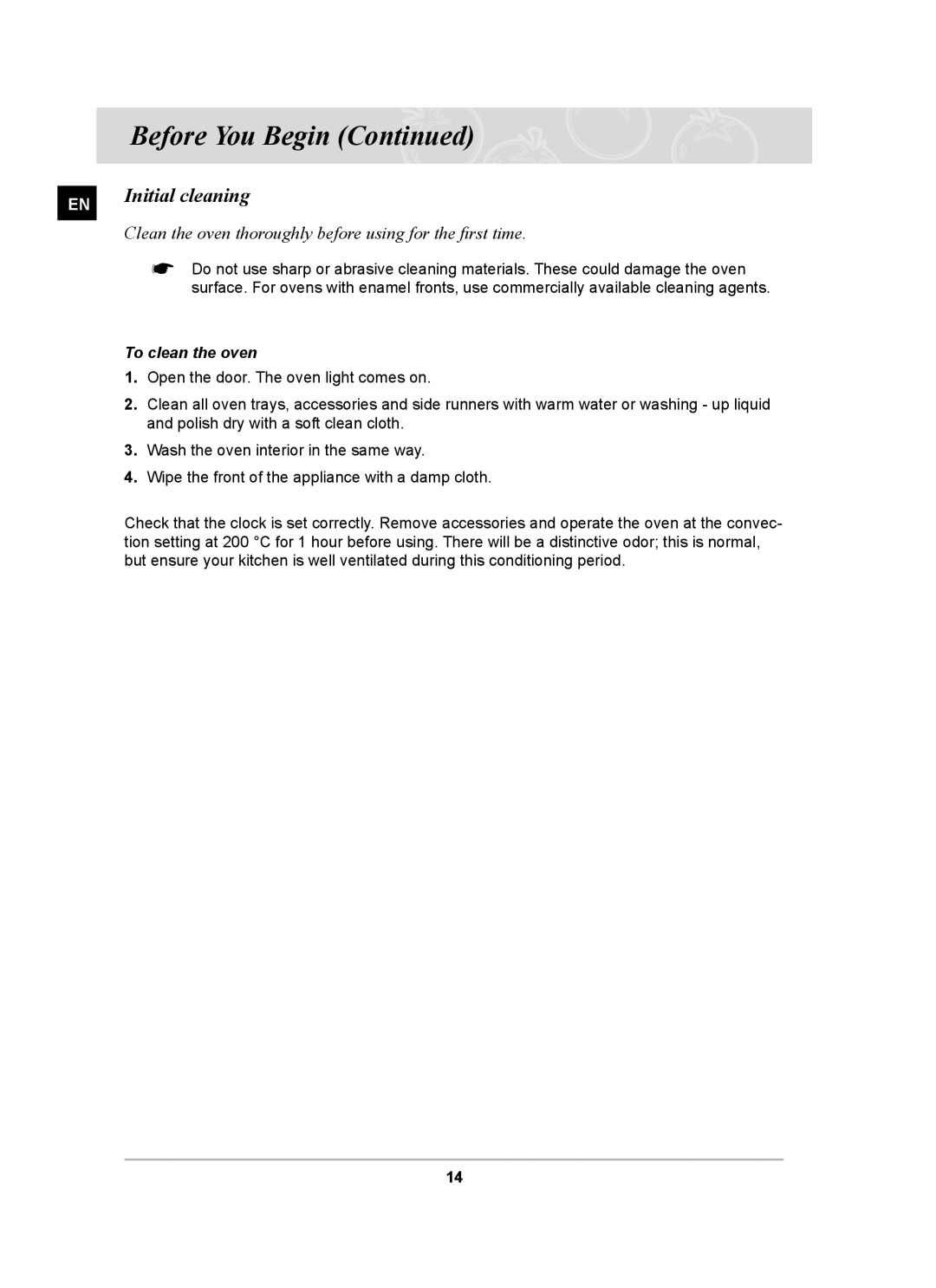 Samsung BT65TDFST/XEH, BT65TDFSTP/XEH manual Initial cleaning, To clean the oven 