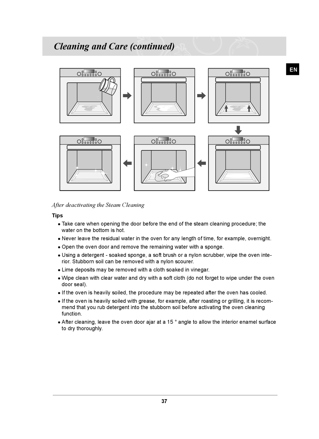 Samsung BT65TDFSTP/XEH, BT65TDFST/XEH manual After deactivating the Steam Cleaning, Tips 