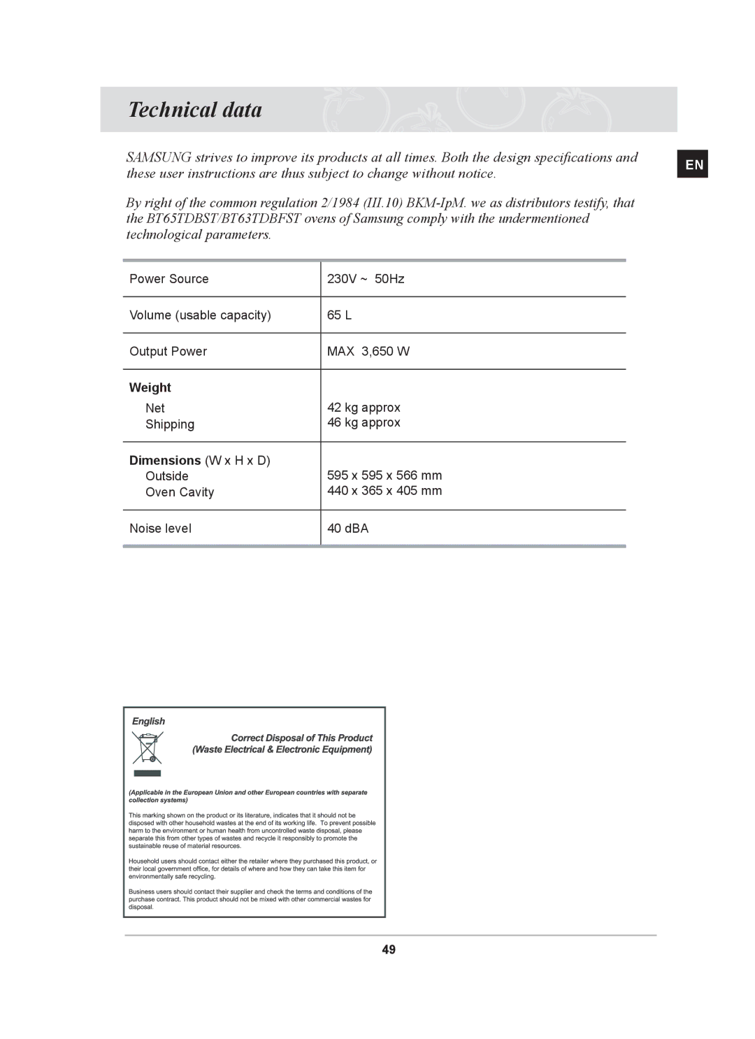 Samsung BT65TDFSTP/XEH, BT65TDFST/XEH manual Technical data, Weight, Dimensions W x H x D 