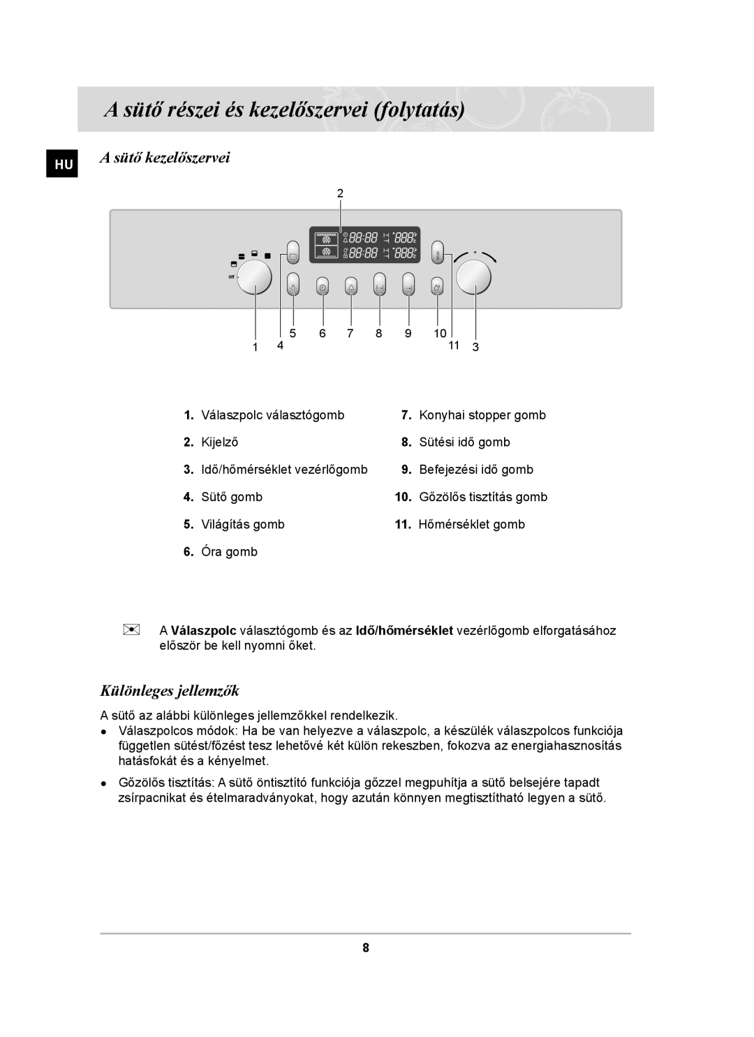 Samsung BT65TDFST/XEH, BT65TDFSTP/XEH manual Sütő részei és kezelőszervei folytatás, Különleges jellemzők 