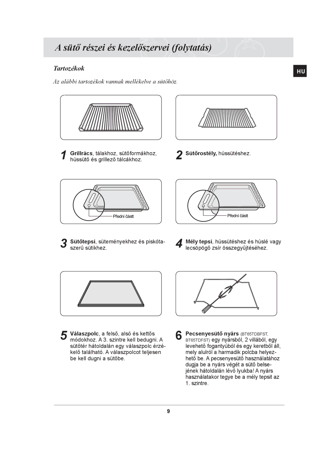 Samsung BT65TDFSTP/XEH, BT65TDFST/XEH manual Tartozékok, Az alábbi tartozékok vannak mellékelve a sütőhöz 