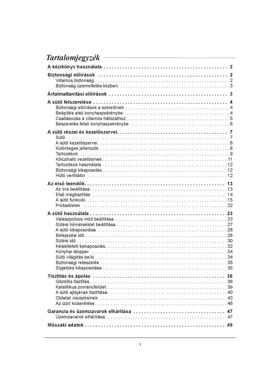 Samsung BT65TDFSTP/XEH Tartalomjegyzék, Ártalmatlanítási előírások, Garancia és üzemzavarok elhárítása, Műszaki adatok 