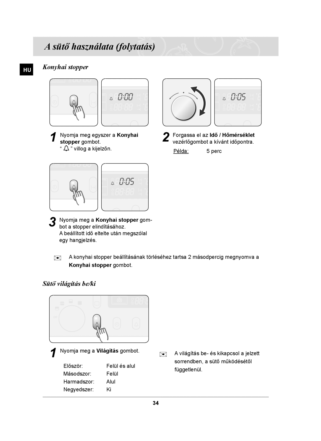 Samsung BT65TDFST/XEH, BT65TDFSTP/XEH manual Sütő világítás be/ki, Konyhai stopper 