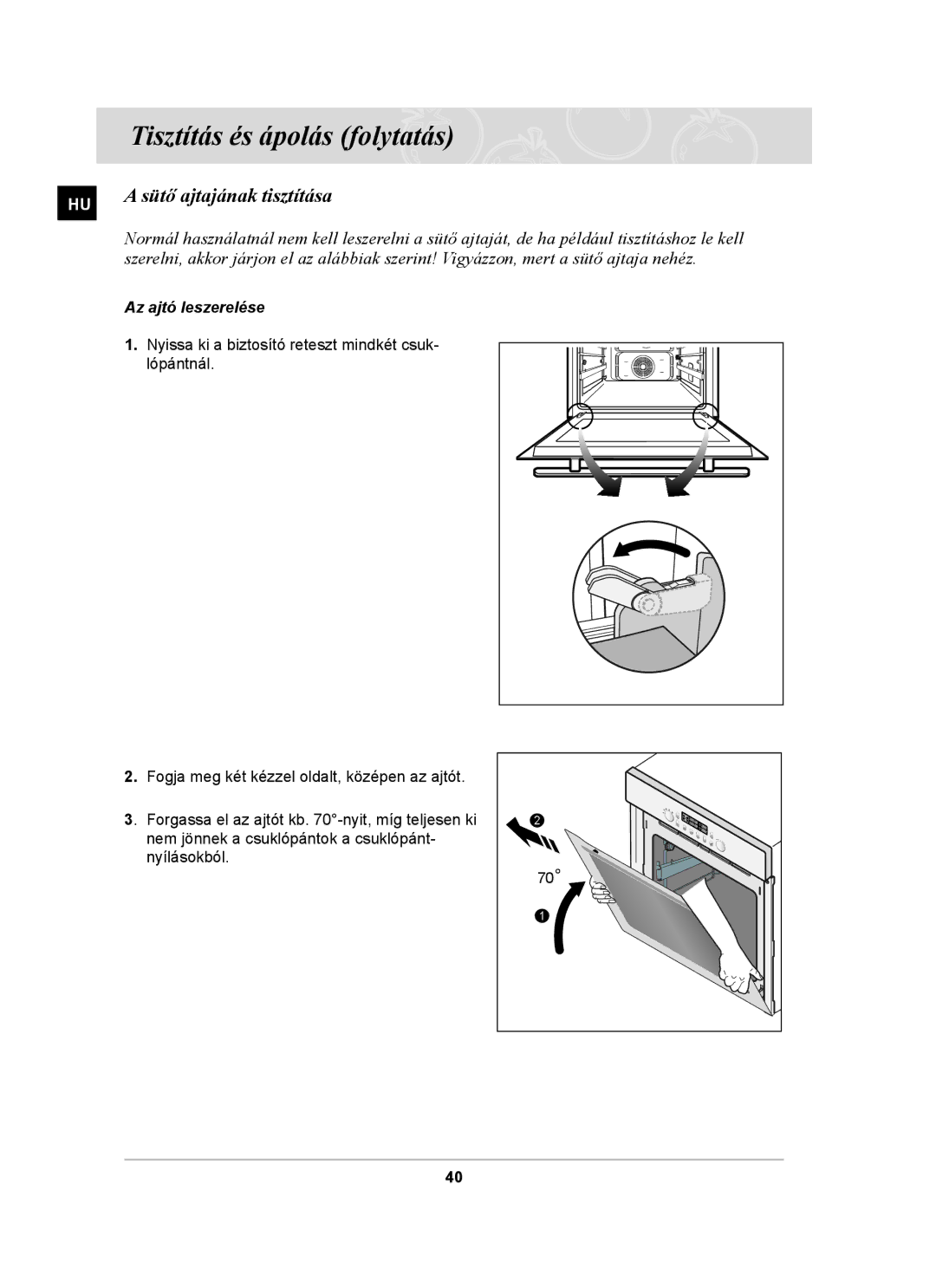 Samsung BT65TDFST/XEH, BT65TDFSTP/XEH manual Sütő ajtajának tisztítása, Az ajtó leszerelése 