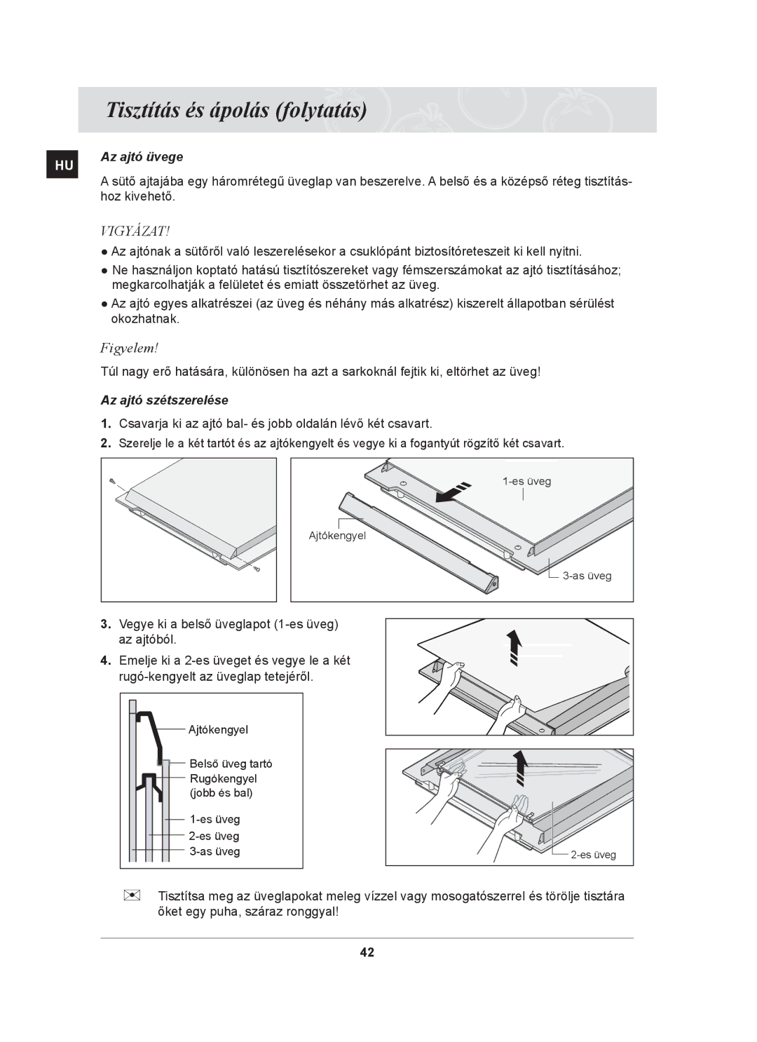 Samsung BT65TDFST/XEH, BT65TDFSTP/XEH manual Figyelem, Az ajtó üvege, Az ajtó szétszerelése 