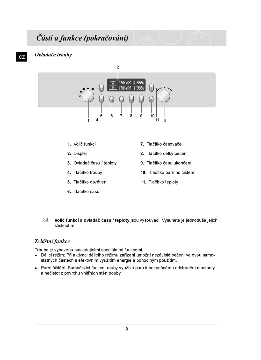 Samsung BT65TDFST/XEH manual Části a funkce pokračování, Zvláštní funkce 