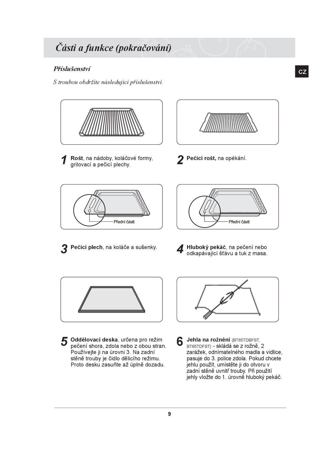 Samsung BT65TDFST/XEH manual Příslušenství, Troubou obdržíte následující příslušenství 