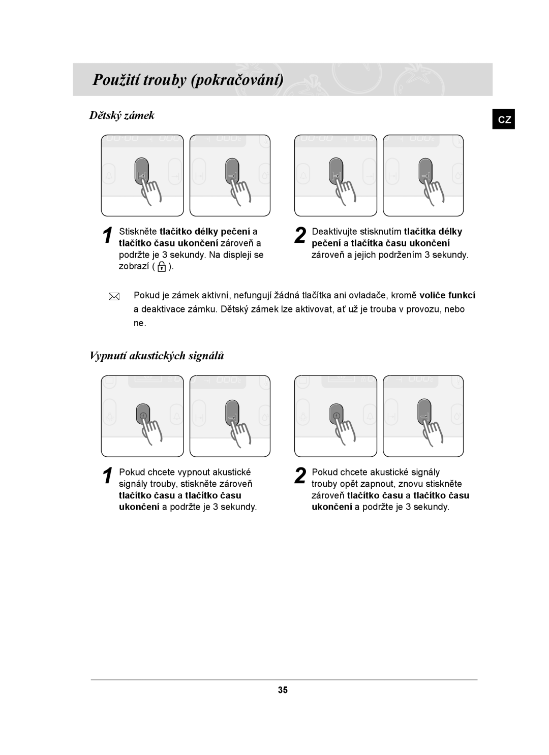 Samsung BT65TDFST/XEH manual Dětský zámek, Vypnutí akustických signálů 