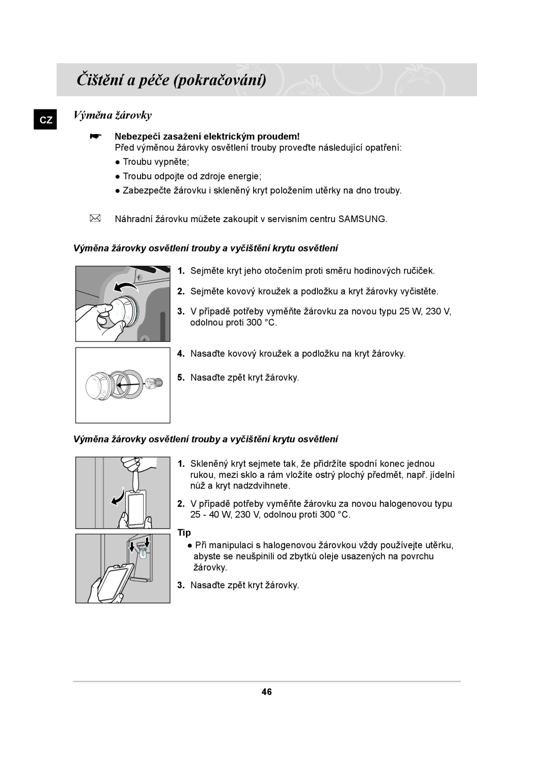 Samsung BT65TDFST/XEH manual Výměna žárovky, Nebezpečí zasažení elektrickým proudem, Tip 