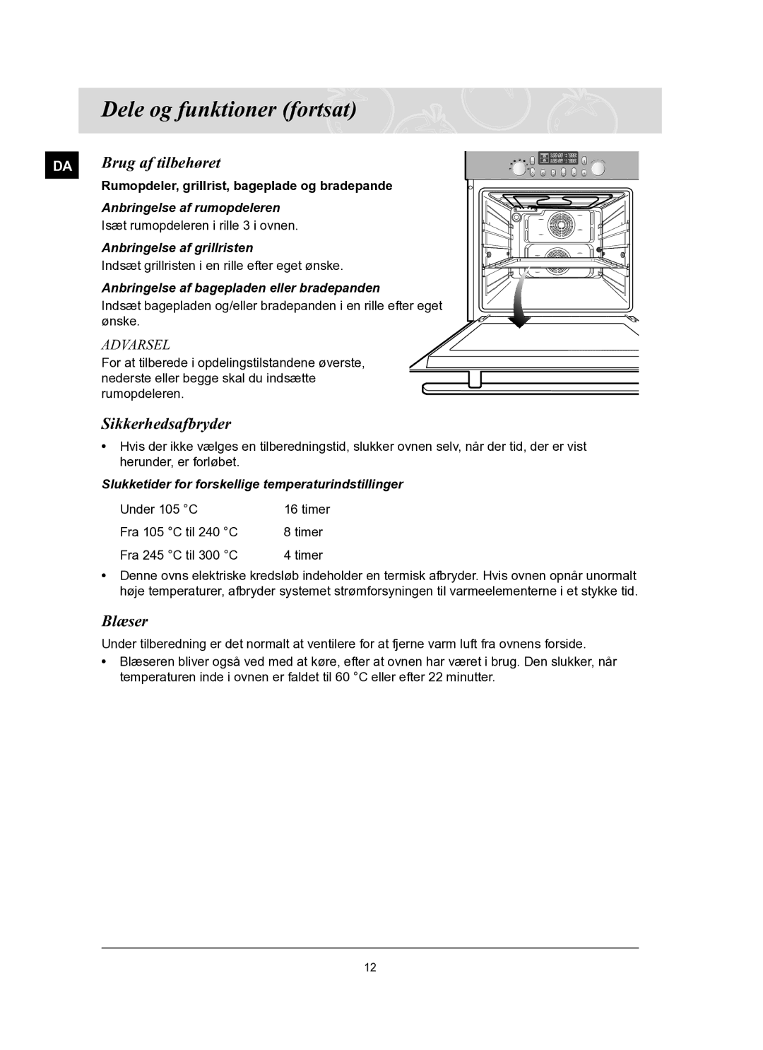 Samsung BT65TQBFST/XEE manual DA Brug af tilbehøret, Sikkerhedsafbryder, Blæser 