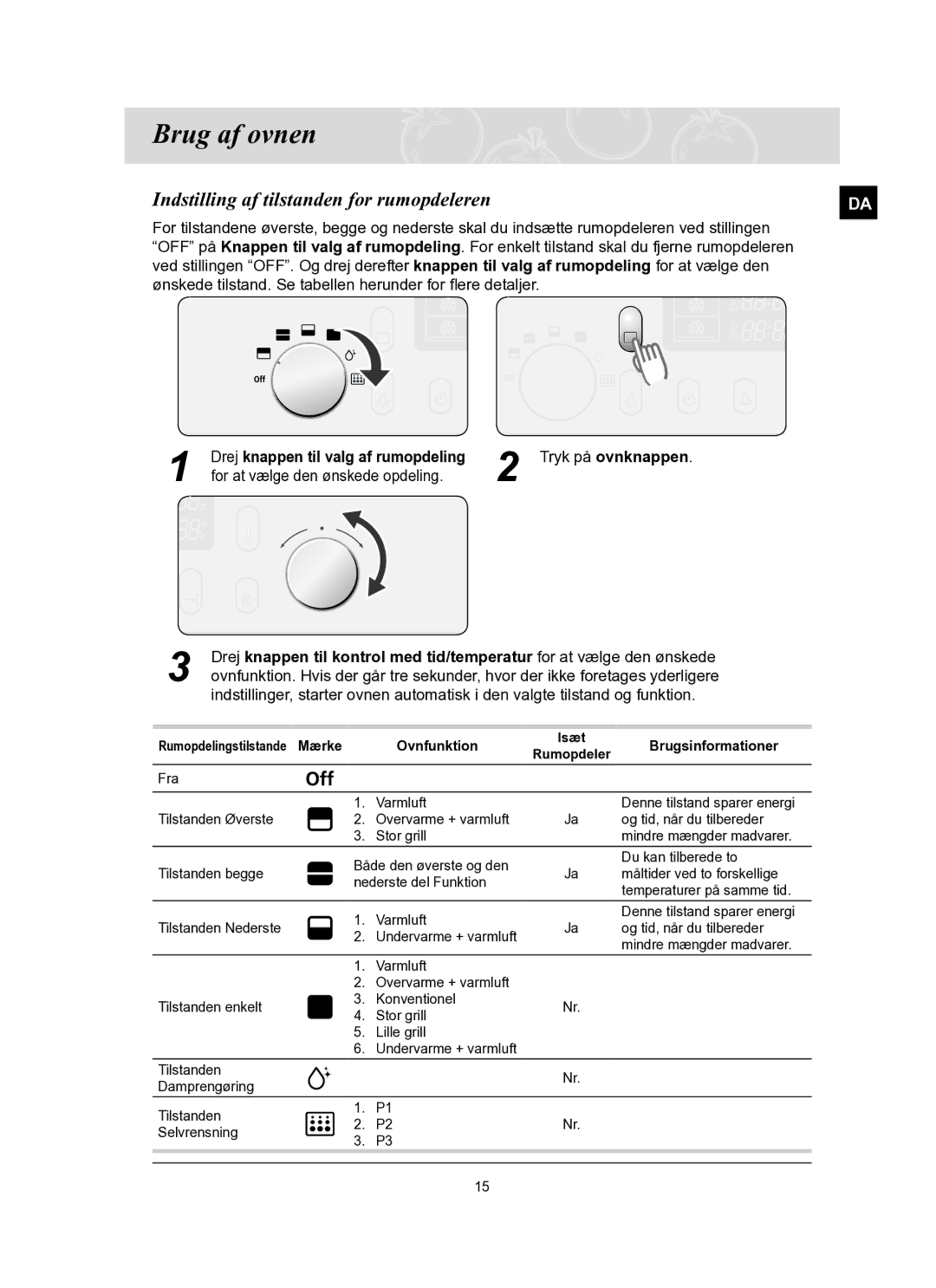 Samsung BT65TQBFST/XEE manual Brug af ovnen, Indstilling af tilstanden for rumopdeleren 