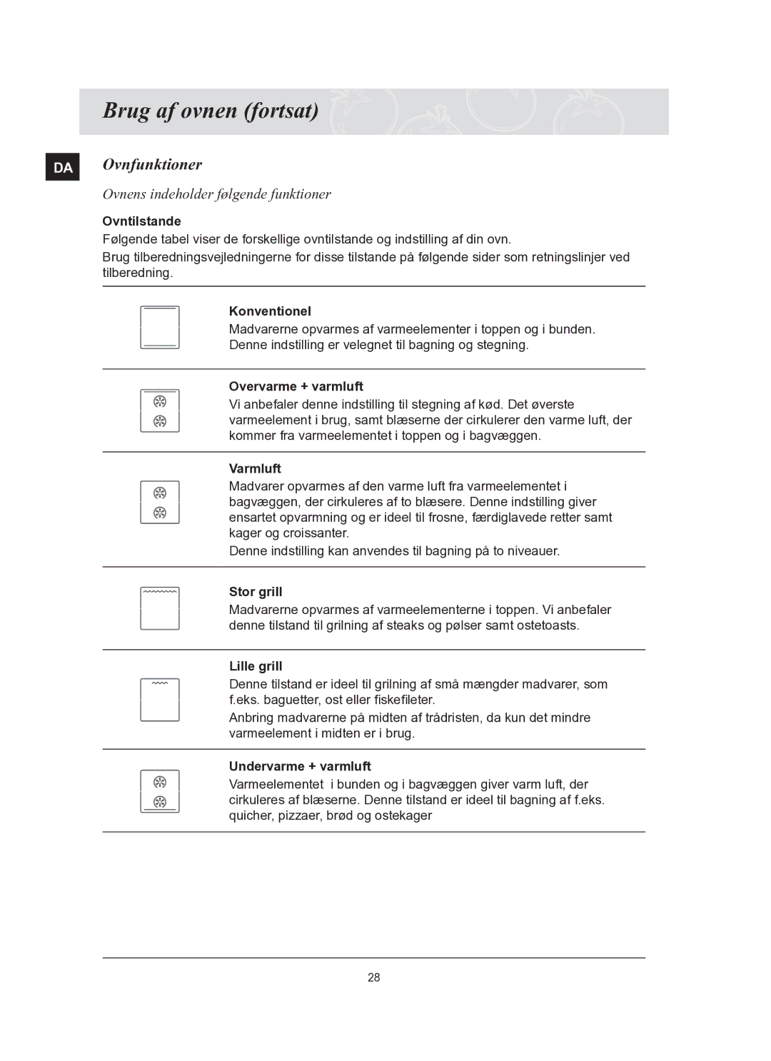 Samsung BT65TQBFST/XEE manual DA Ovnfunktioner, Ovnens indeholder følgende funktioner 