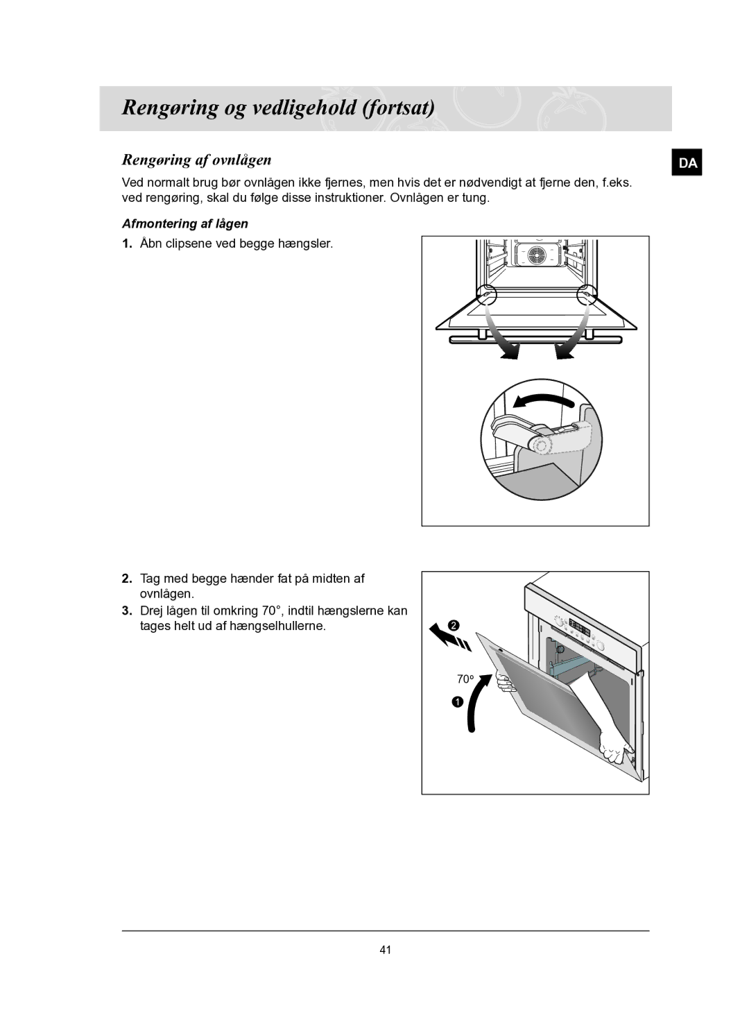 Samsung BT65TQBFST/XEE manual Rengøring af ovnlågen, Afmontering af lågen 