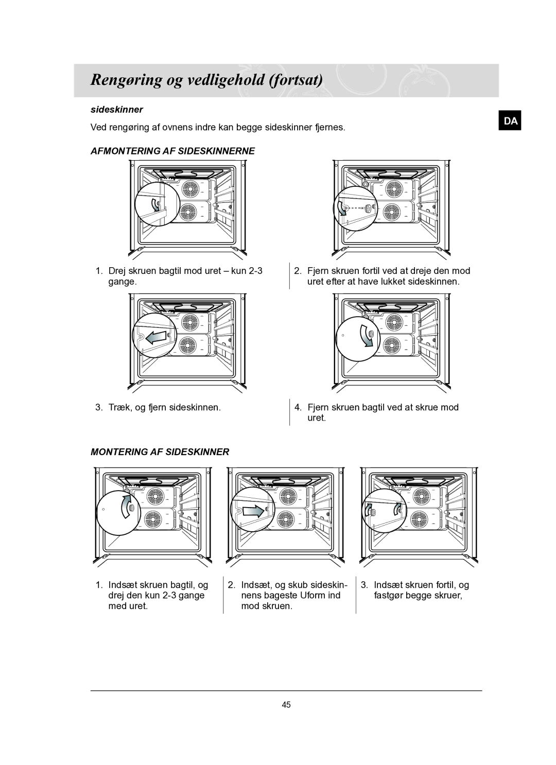 Samsung BT65TQBFST/XEE manual Afmontering AF Sideskinnerne 