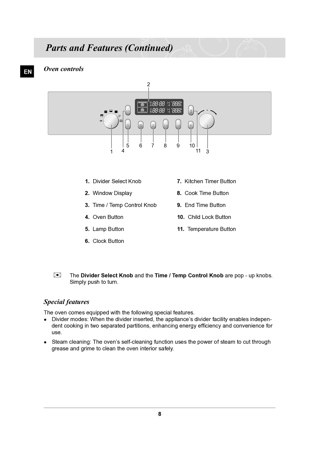 Samsung BT65TQBFST/XEE manual Oven controls, Special features 