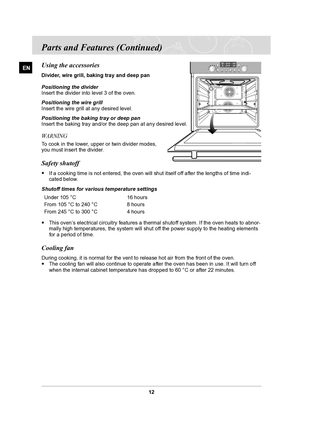 Samsung BT65TQBFST/XEE manual Using the accessories, Safety shutoff, Cooling fan 