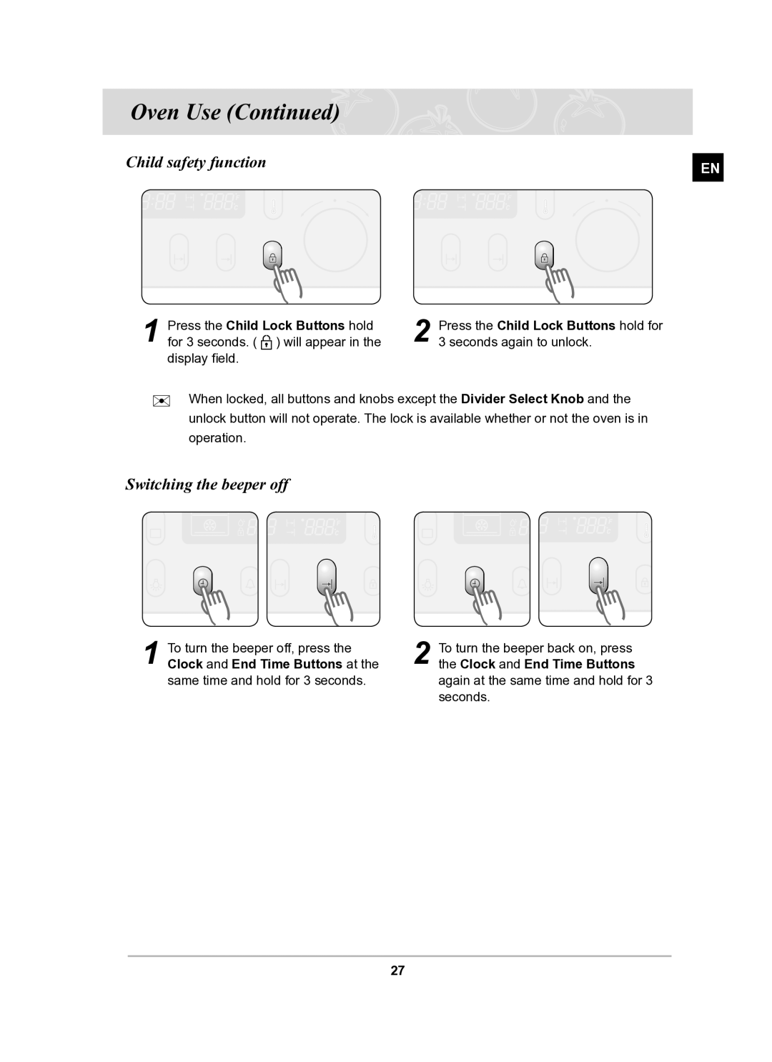 Samsung BT65TQBFST/XEE manual Child safety function, Switching the beeper off, Press the Child Lock Buttons hold 