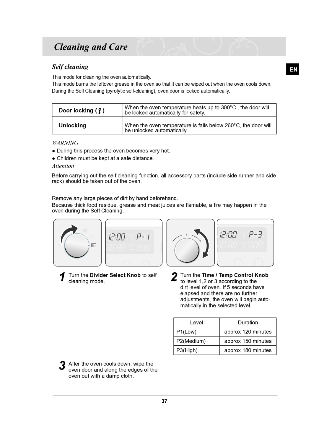 Samsung BT65TQBFST/XEE manual Cleaning and Care, Self cleaning, Door locking, Unlocking 