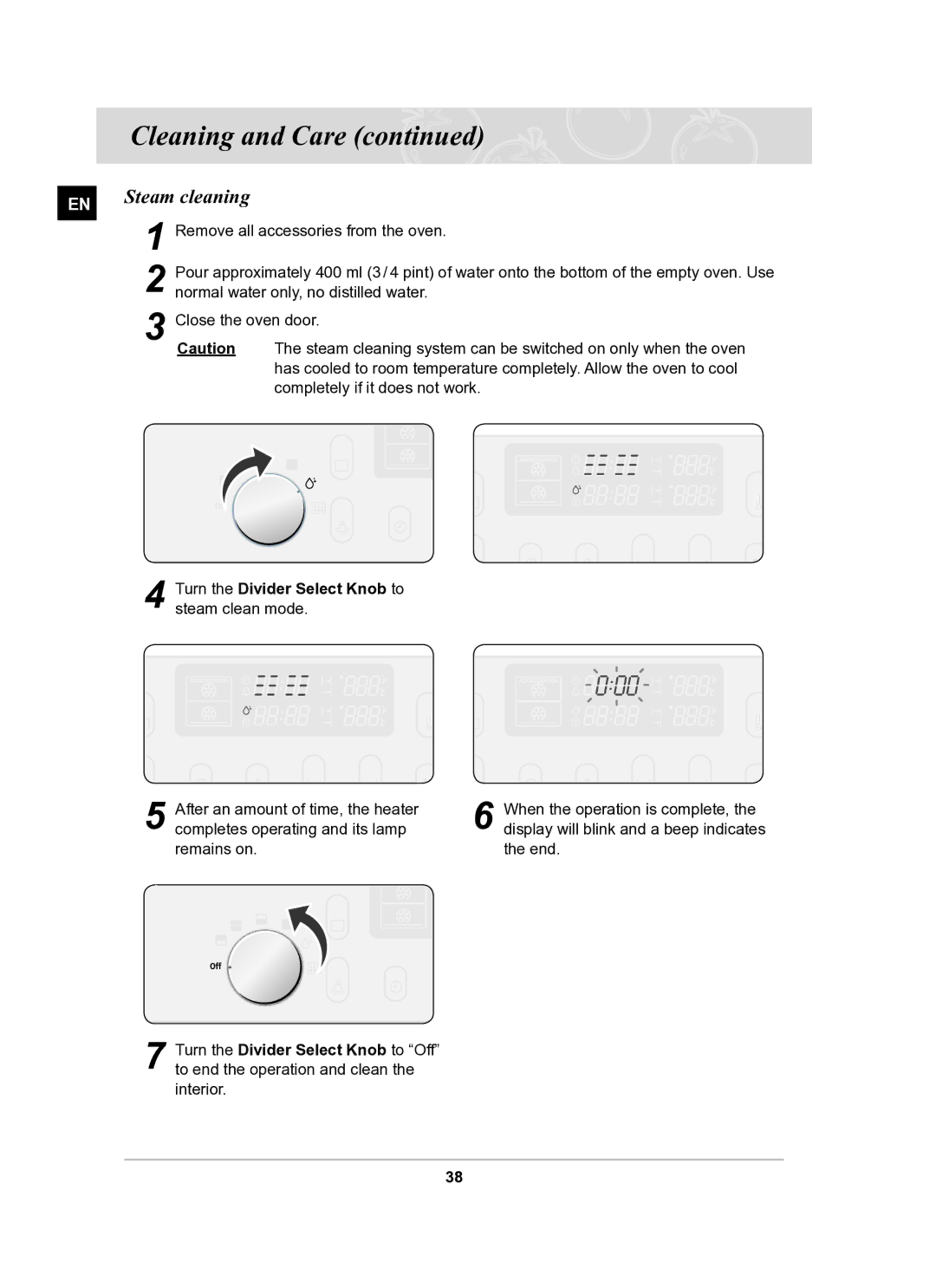 Samsung BT65TQBFST/XEE manual Steam cleaning, Turn the Divider Select Knob to steam clean mode 