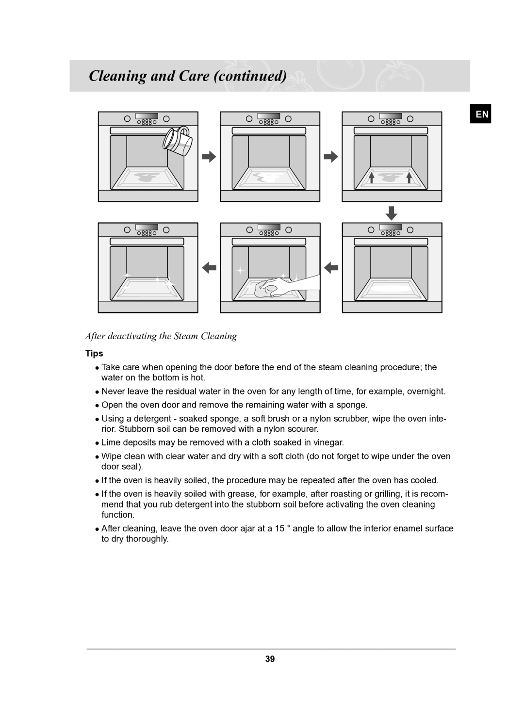 Samsung BT65TQBFST/XEE manual After deactivating the Steam Cleaning, Tips 