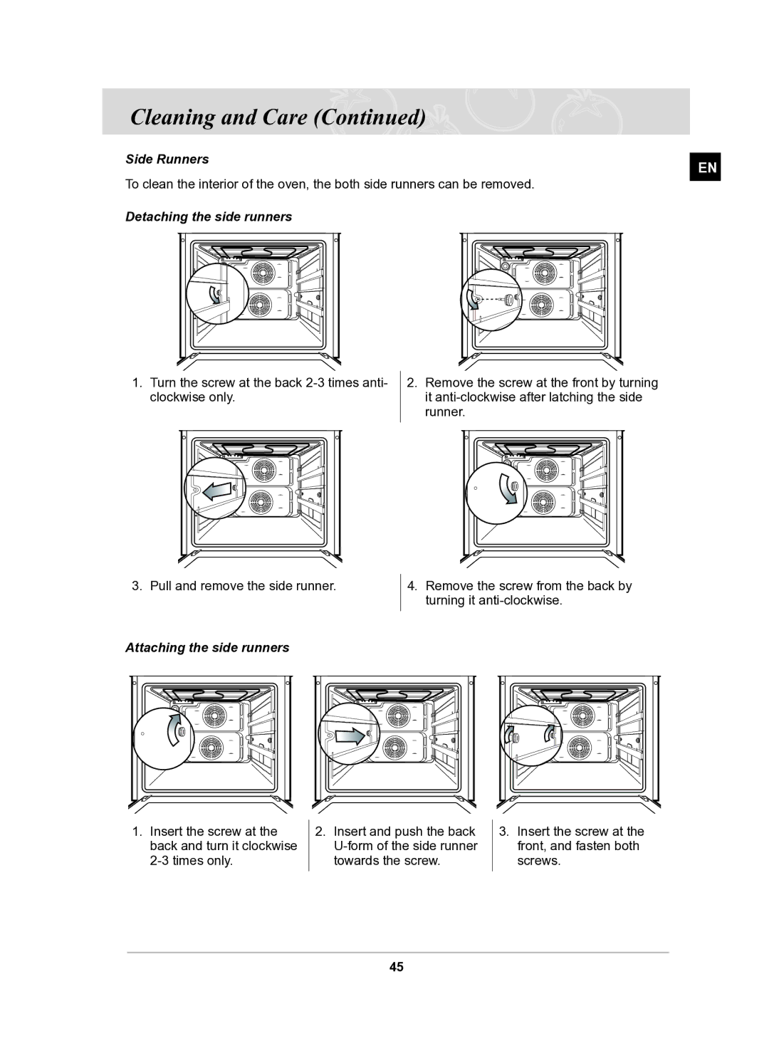 Samsung BT65TQBFST/XEE manual Side Runners, Detaching the side runners, Attaching the side runners 