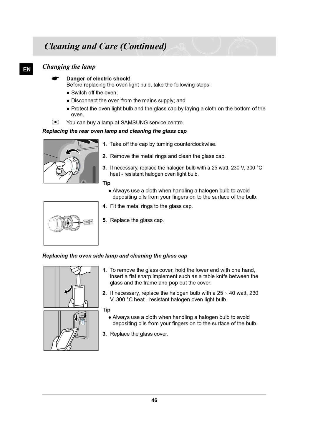 Samsung BT65TQBFST/XEE manual Changing the lamp, Replacing the rear oven lamp and cleaning the glass cap, Tip 