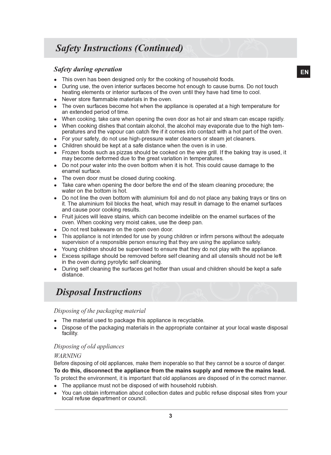 Samsung BT65TQBFST/XEE manual Disposal Instructions, Safety during operation, Disposing of the packaging material 