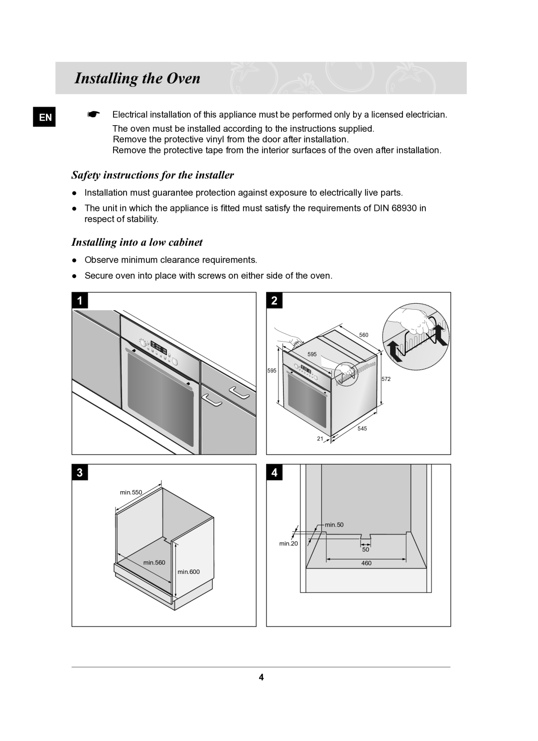 Samsung BT65TQBFST/XEE manual Installing the Oven, Safety instructions for the installer, Installing into a low cabinet 