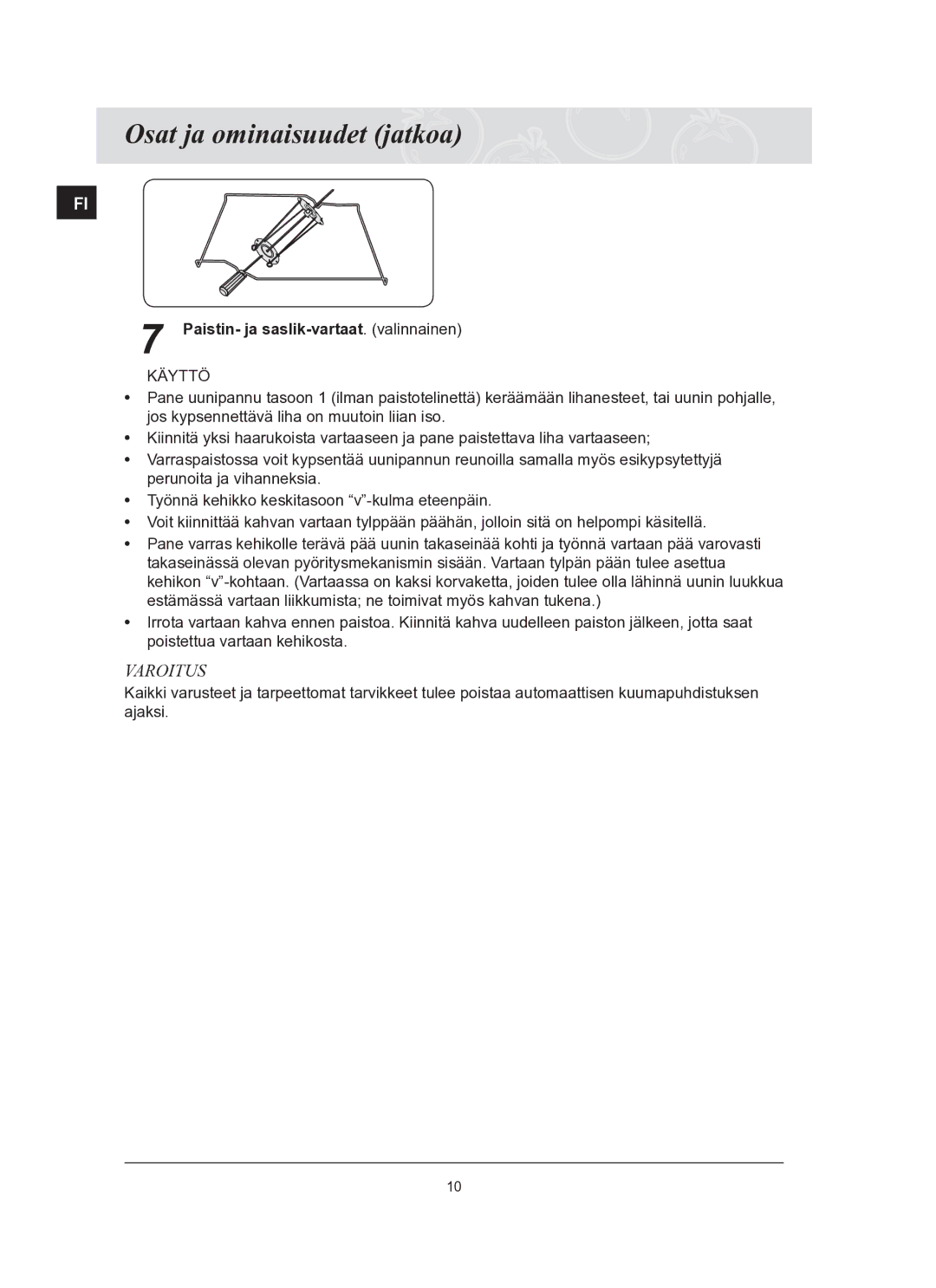 Samsung BT65TQBFST/XEE manual Paistin- ja saslik-vartaat.. valinnainen, Käyttö 