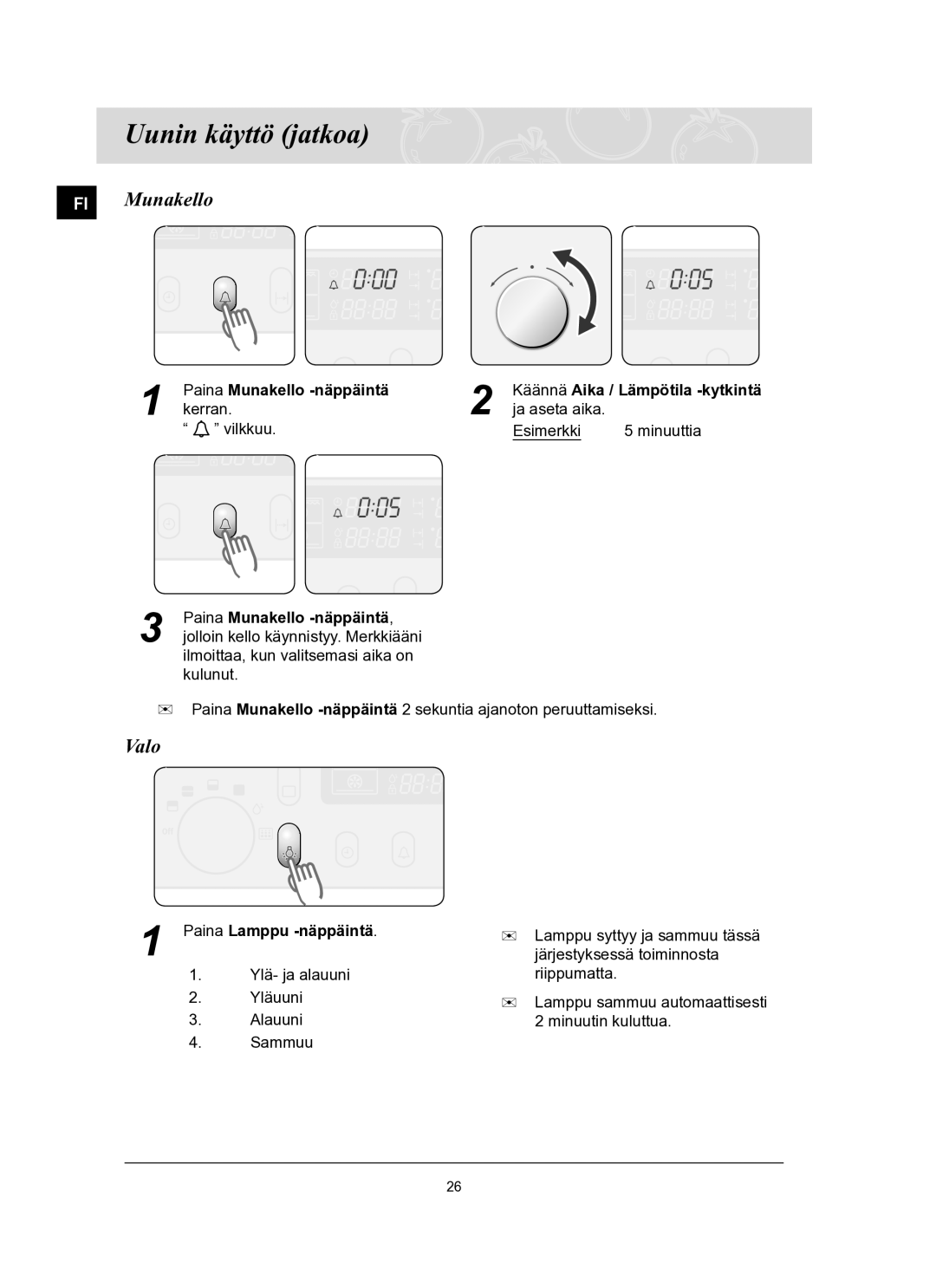 Samsung BT65TQBFST/XEE manual FI Munakello, Valo, Paina Munakello -näppäintä, Paina Lamppu -näppäintä 