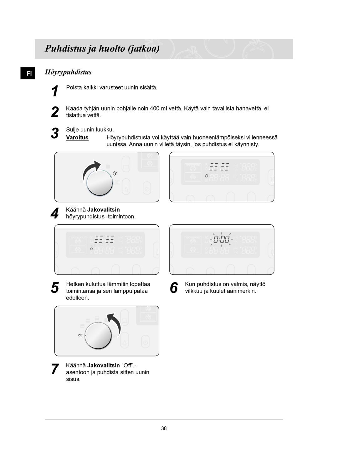 Samsung BT65TQBFST/XEE manual Puhdistus ja huolto jatkoa, FI Höyrypuhdistus 