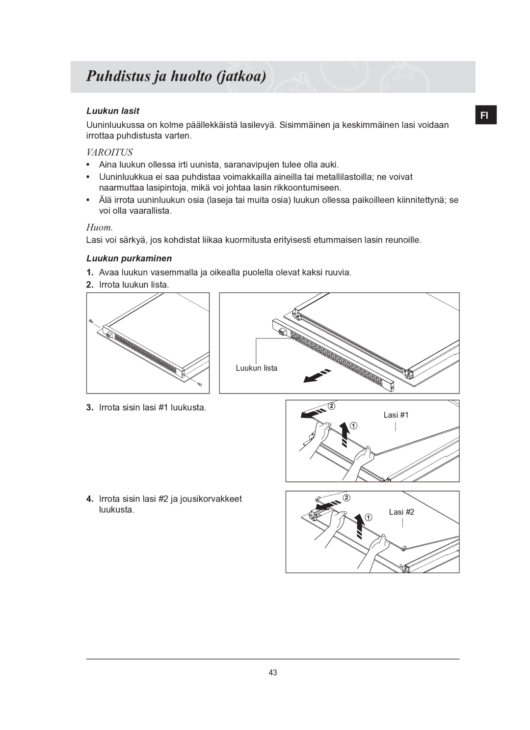 Samsung BT65TQBFST/XEE manual Luukun lasit, Luukun purkaminen 