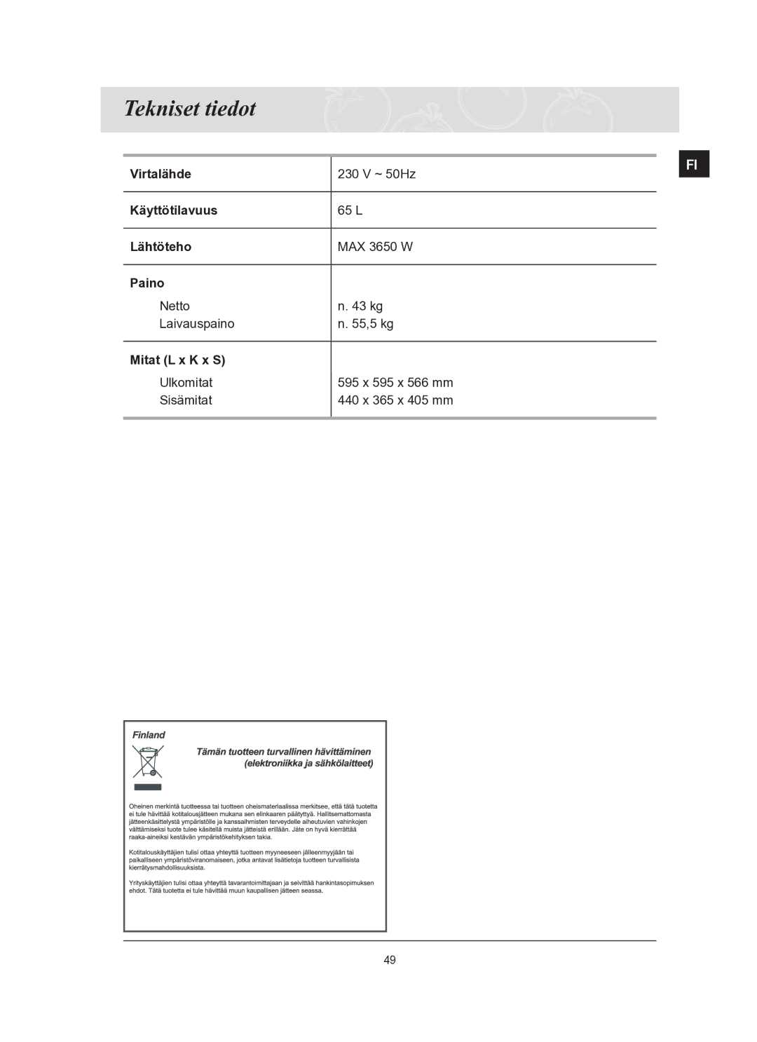 Samsung BT65TQBFST/XEE manual Tekniset tiedot 