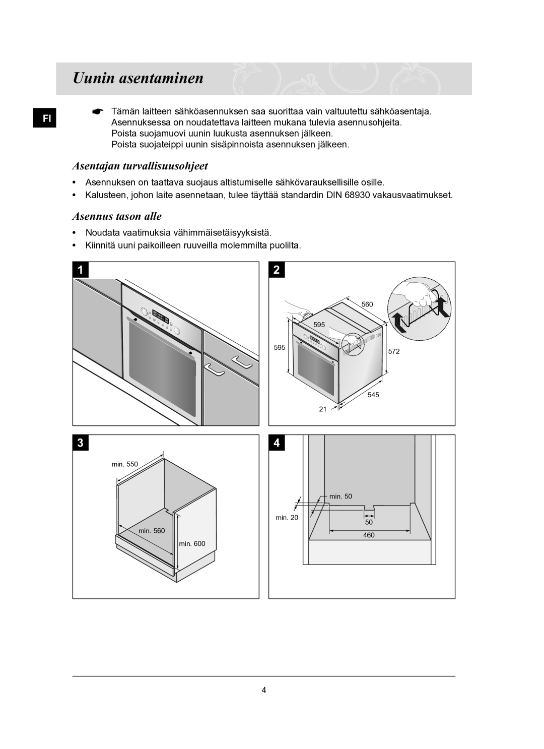 Samsung BT65TQBFST/XEE manual Uunin asentaminen, Asentajan turvallisuusohjeet, Asennus tason alle 