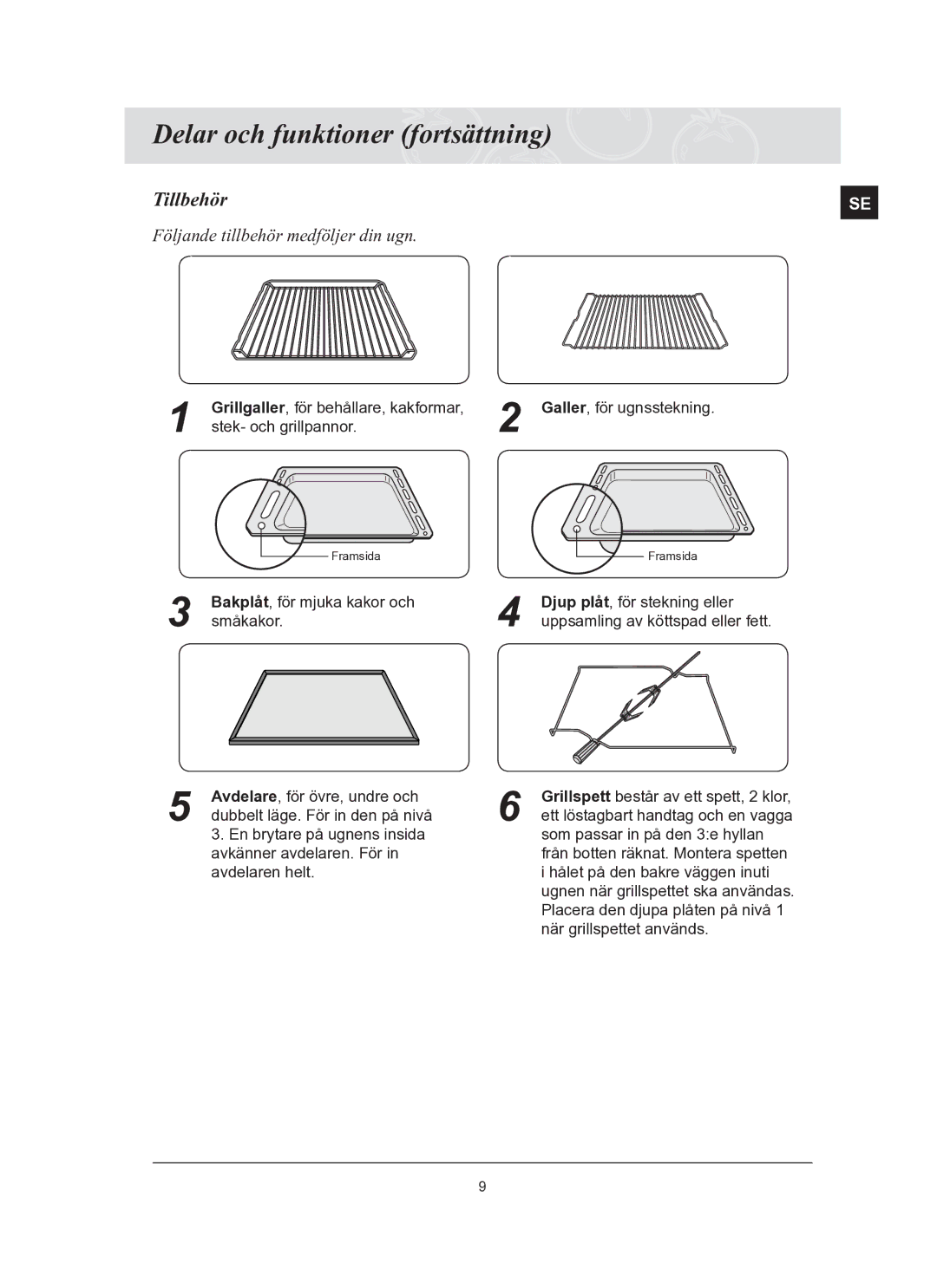 Samsung BT65TQBFST/XEE manual Tillbehör, Följande tillbehör medföljer din ugn 