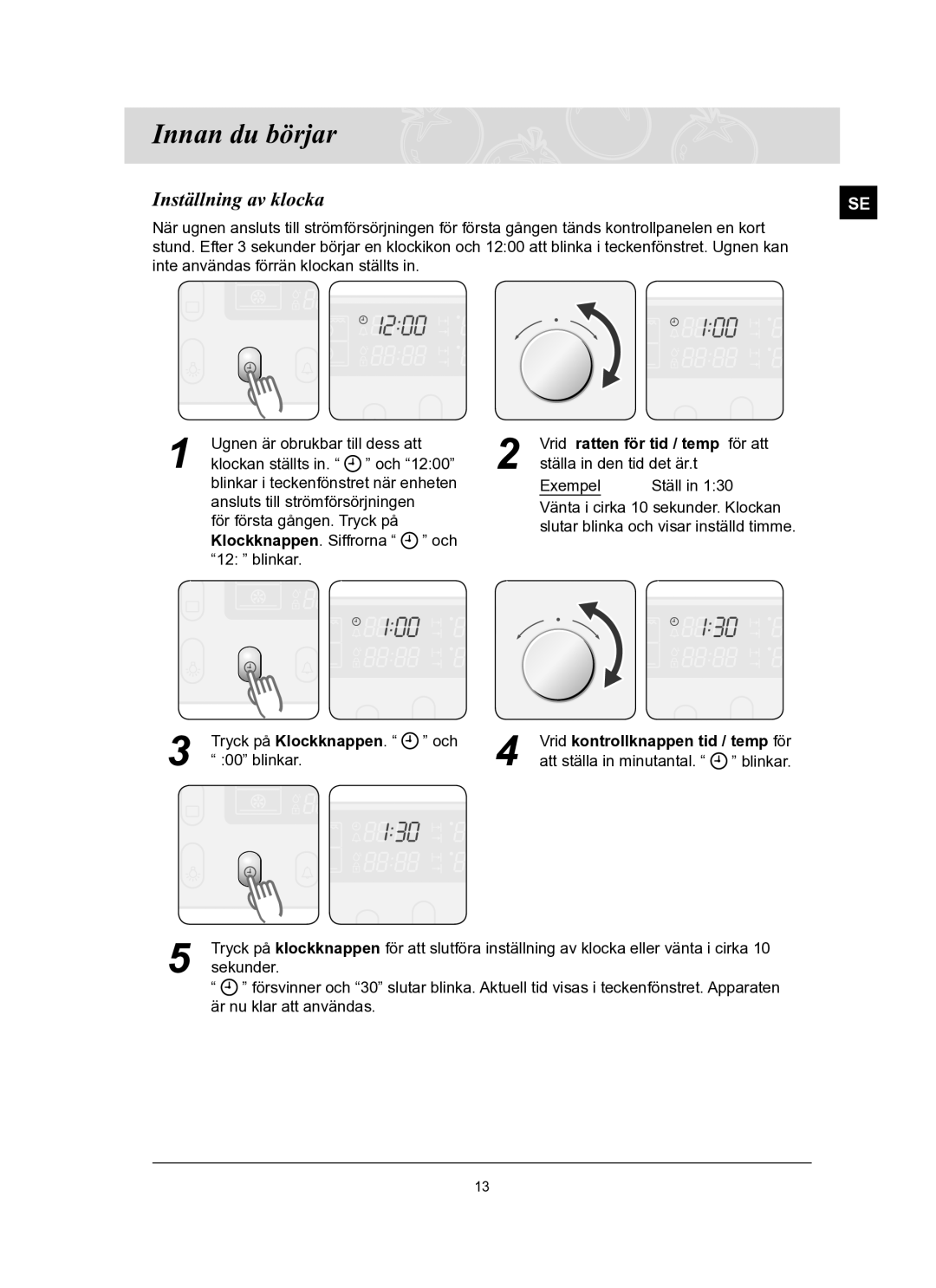 Samsung BT65TQBFST/XEE manual Innan du börjar, Inställning av klocka 