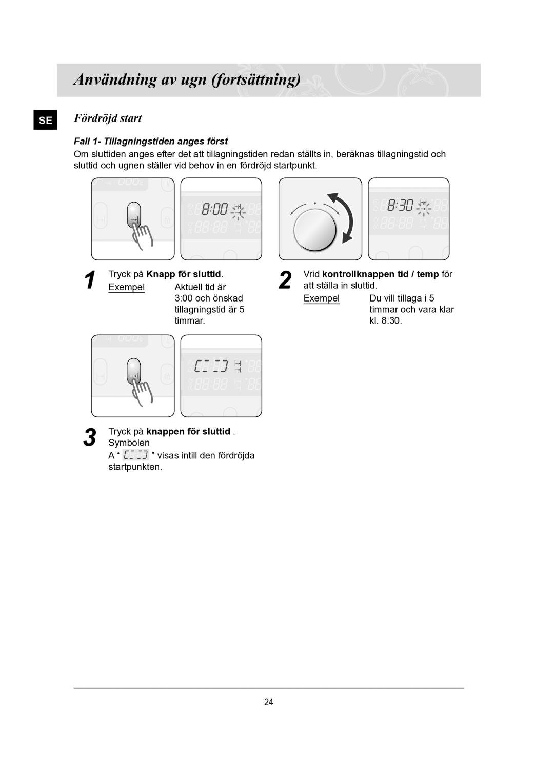 Samsung BT65TQBFST/XEE manual Fördröjd start, Fall 1- Tillagningstiden anges först, Tryck på knappen för sluttid 