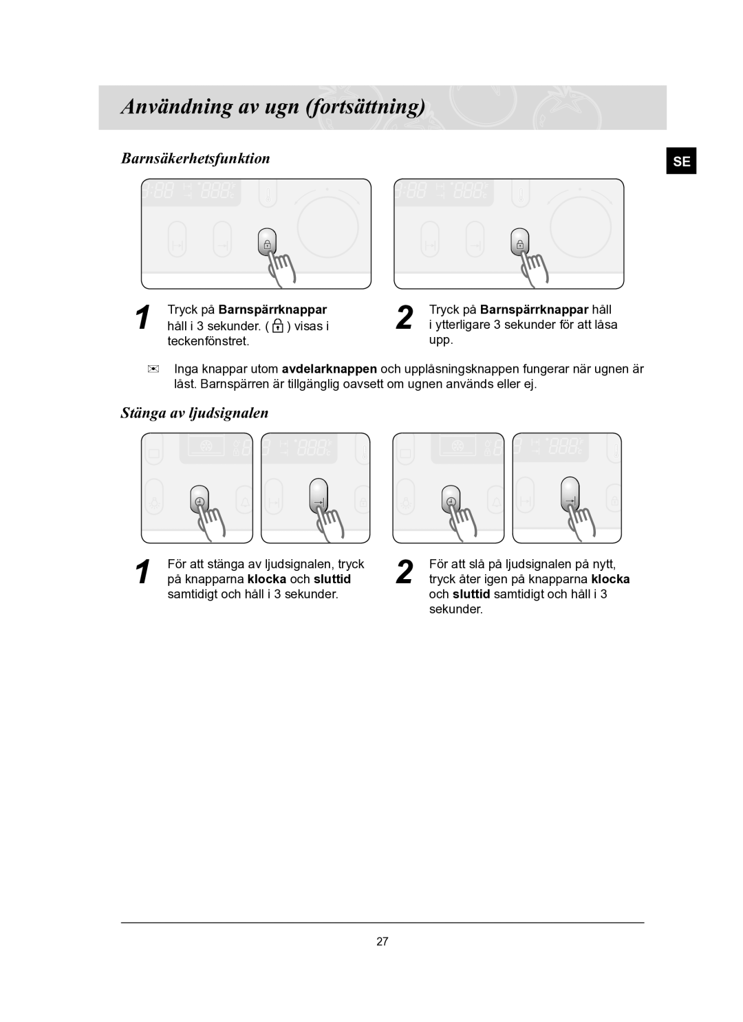 Samsung BT65TQBFST/XEE manual Barnsäkerhetsfunktion, Stänga av ljudsignalen, Håll i 3 sekunder.. visas 