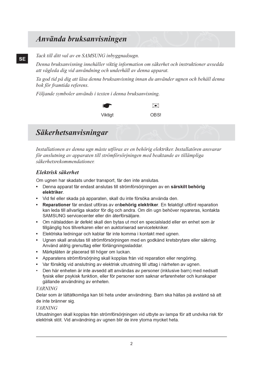 Samsung BT65TQBFST/XEE manual Använda bruksanvisningen, Säkerhetsanvisningar, Elektrisk säkerhet 