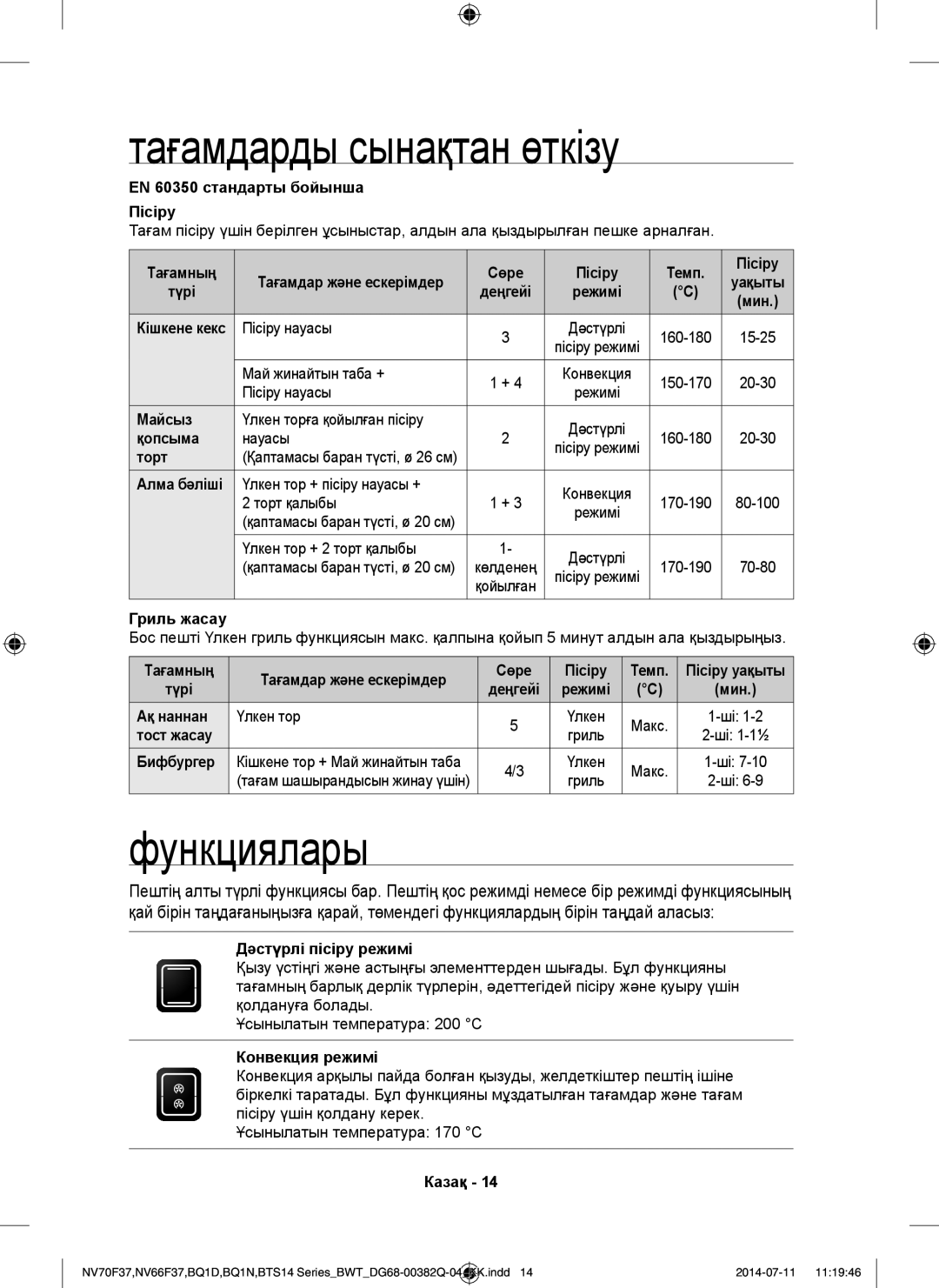 Samsung BTS14D4T/BWT, BQ1D4T234/BWT, BTS1454B/BWT manual Тағамдарды сынақтан өткізу, Функциялары 