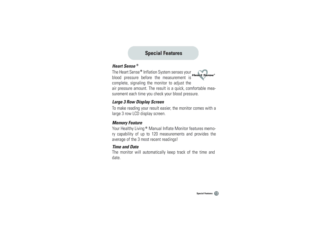 Samsung BVM-1007 owner manual Special Features, Heart Sense, Large 3 Row Display Screen, Memory Feature, Time and Date 