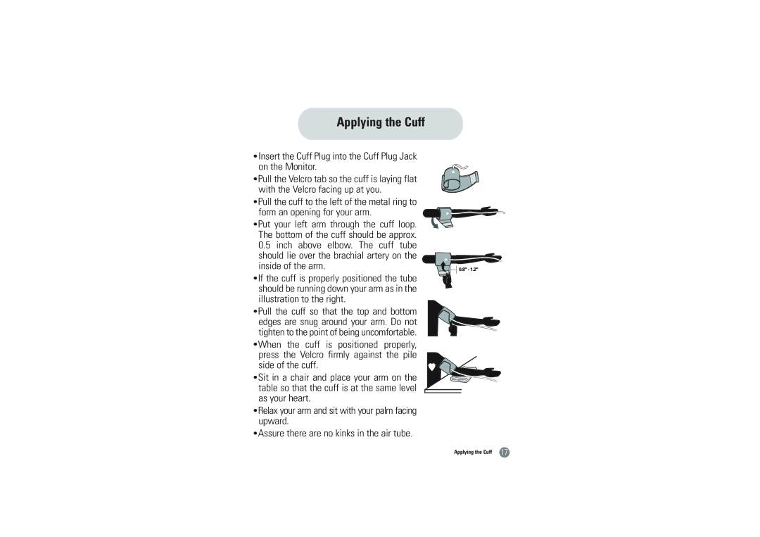 Samsung BVM-1007 owner manual Applying the Cuff, Insert the Cuff Plug into the Cuff Plug Jack on the Monitor 