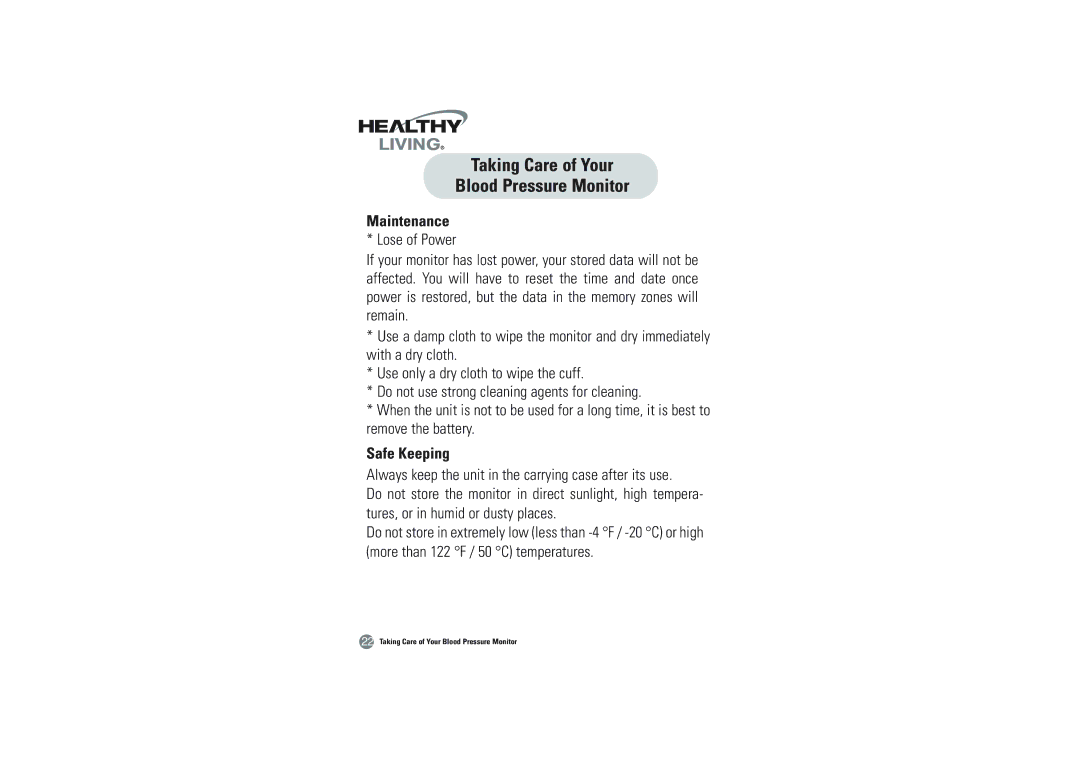 Samsung BVM-1007 owner manual Taking Care of Your Blood Pressure Monitor, Maintenance, Safe Keeping 