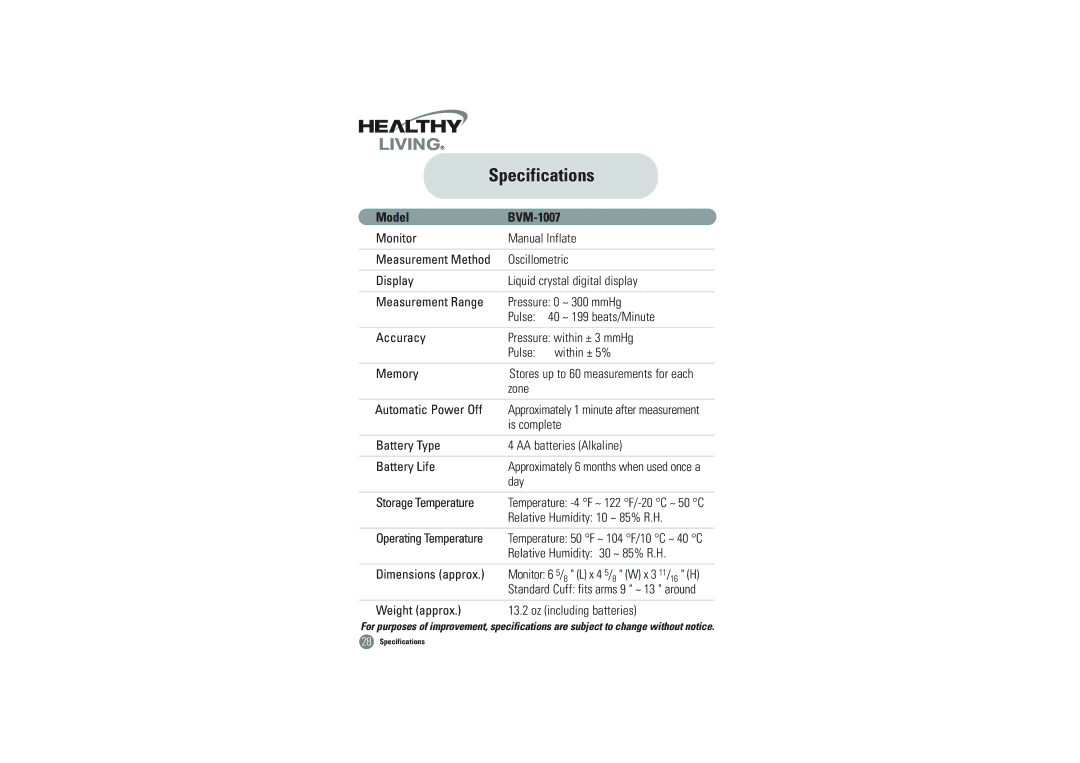 Samsung owner manual Specifications, Model BVM-1007 