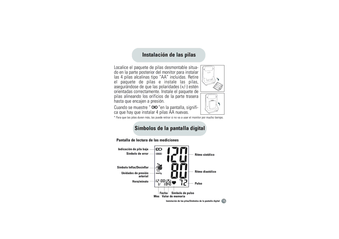 Samsung BVM-1007 owner manual Instalación de las pilas, Símbolos de la pantalla digital 