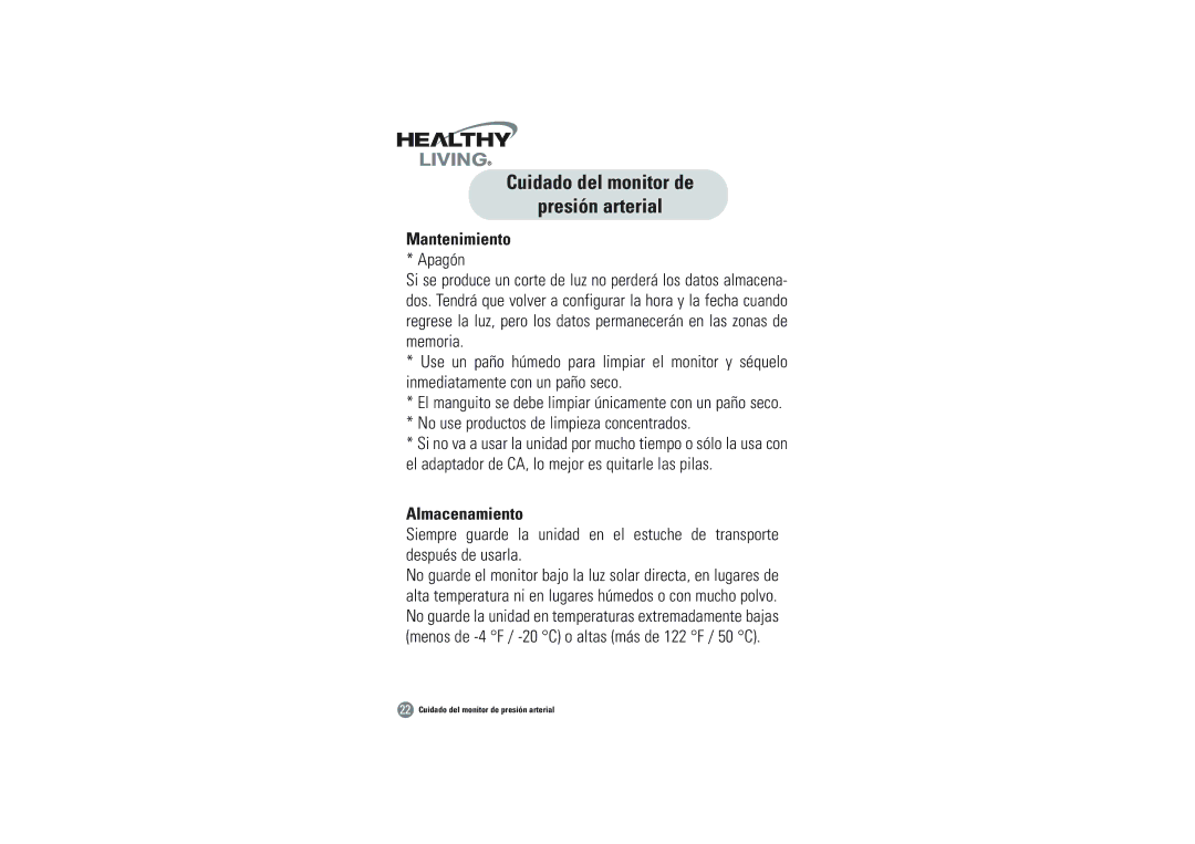 Samsung BVM-1007 owner manual Cuidado del monitor de Presión arterial, Mantenimiento, Almacenamiento 