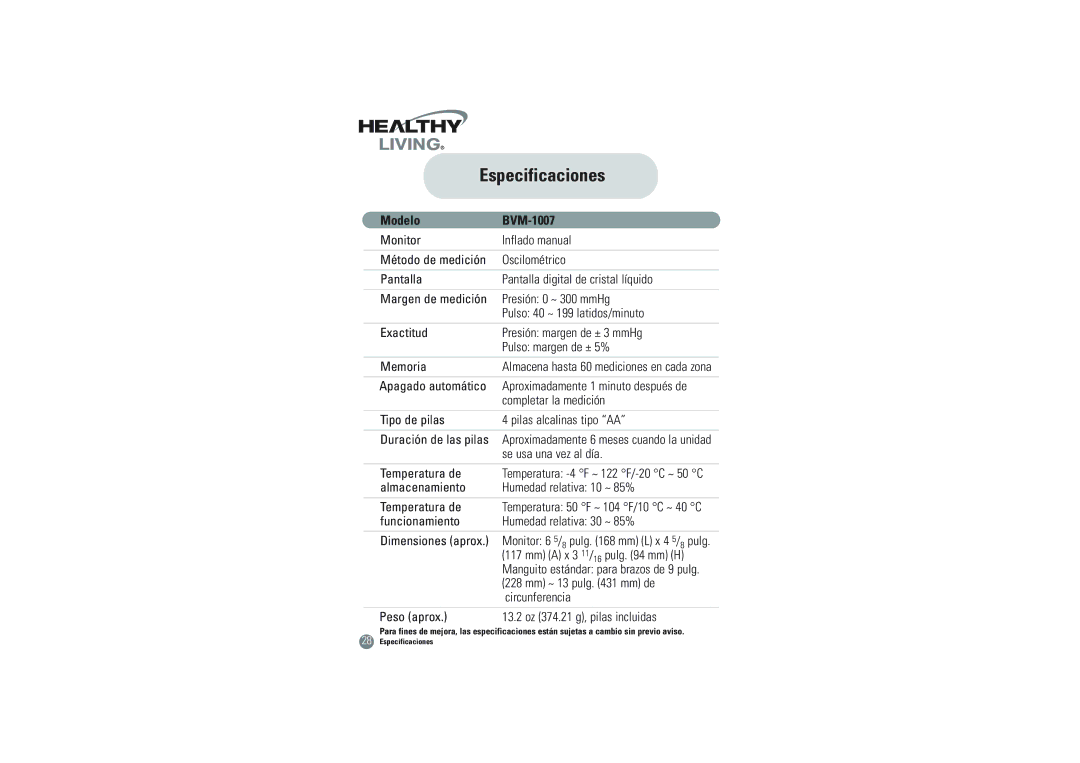 Samsung owner manual Especificaciones, Modelo BVM-1007 