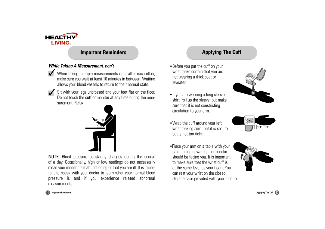 Samsung BW-325S owner manual Applying The Cuff, While Taking a Measurement, con’t, Not wearing a thick coat or sweater 