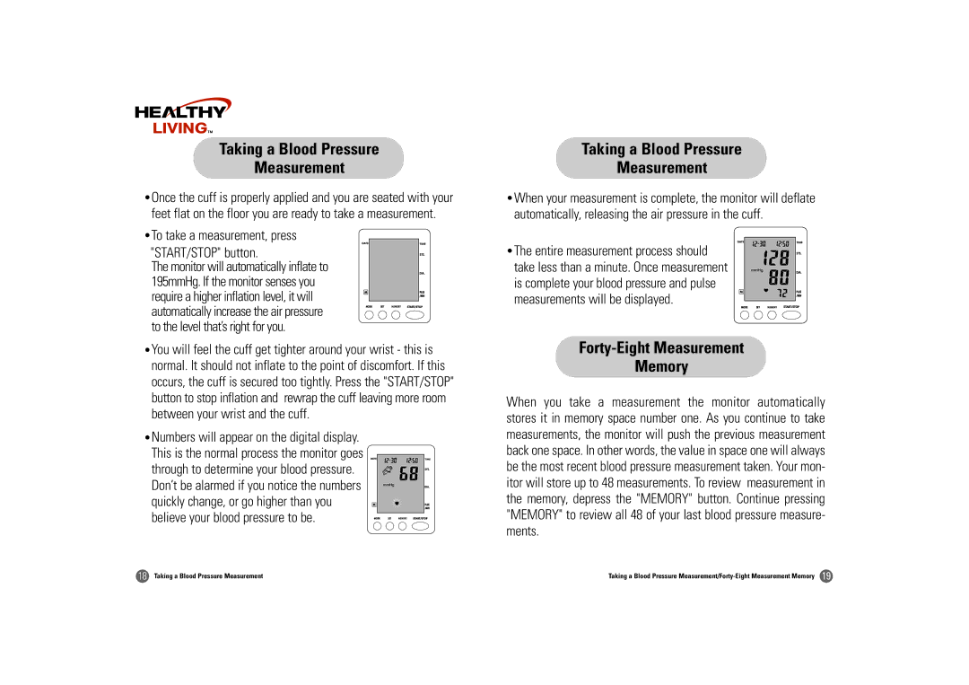 Samsung BW-325S owner manual Taking a Blood Pressure Measurement, Forty-Eight Measurement Memory 