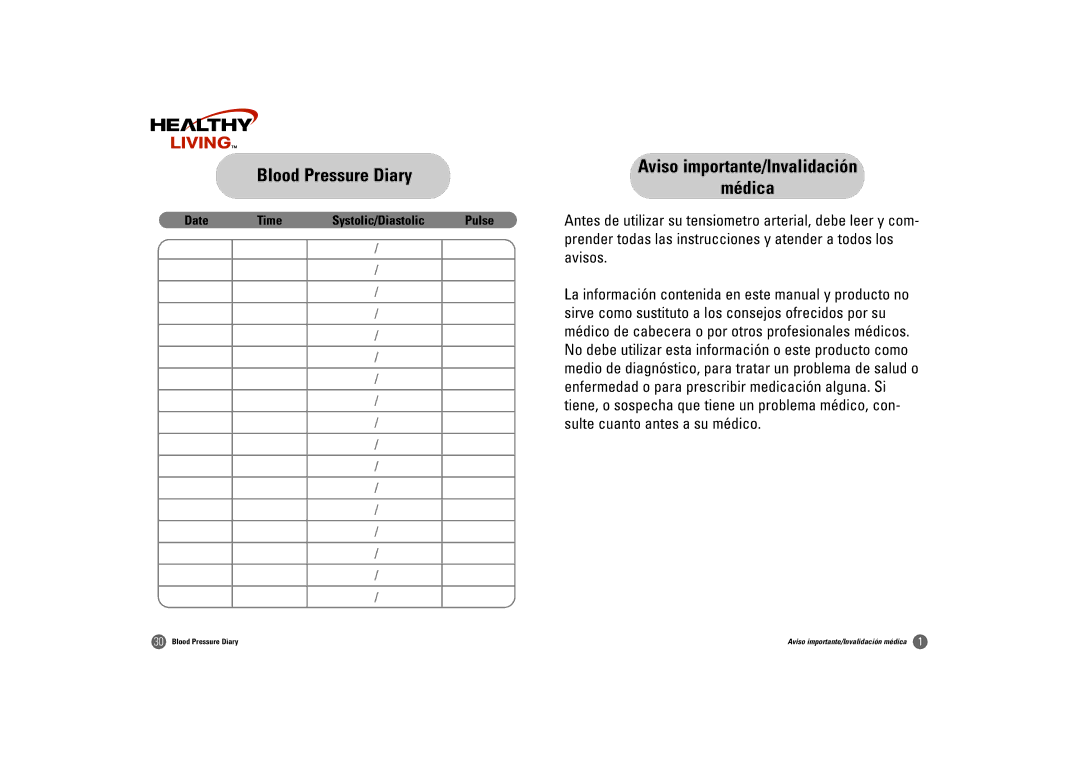 Samsung BW-325S owner manual Blood Pressure Diary, Aviso importante/Invalidación Médica 